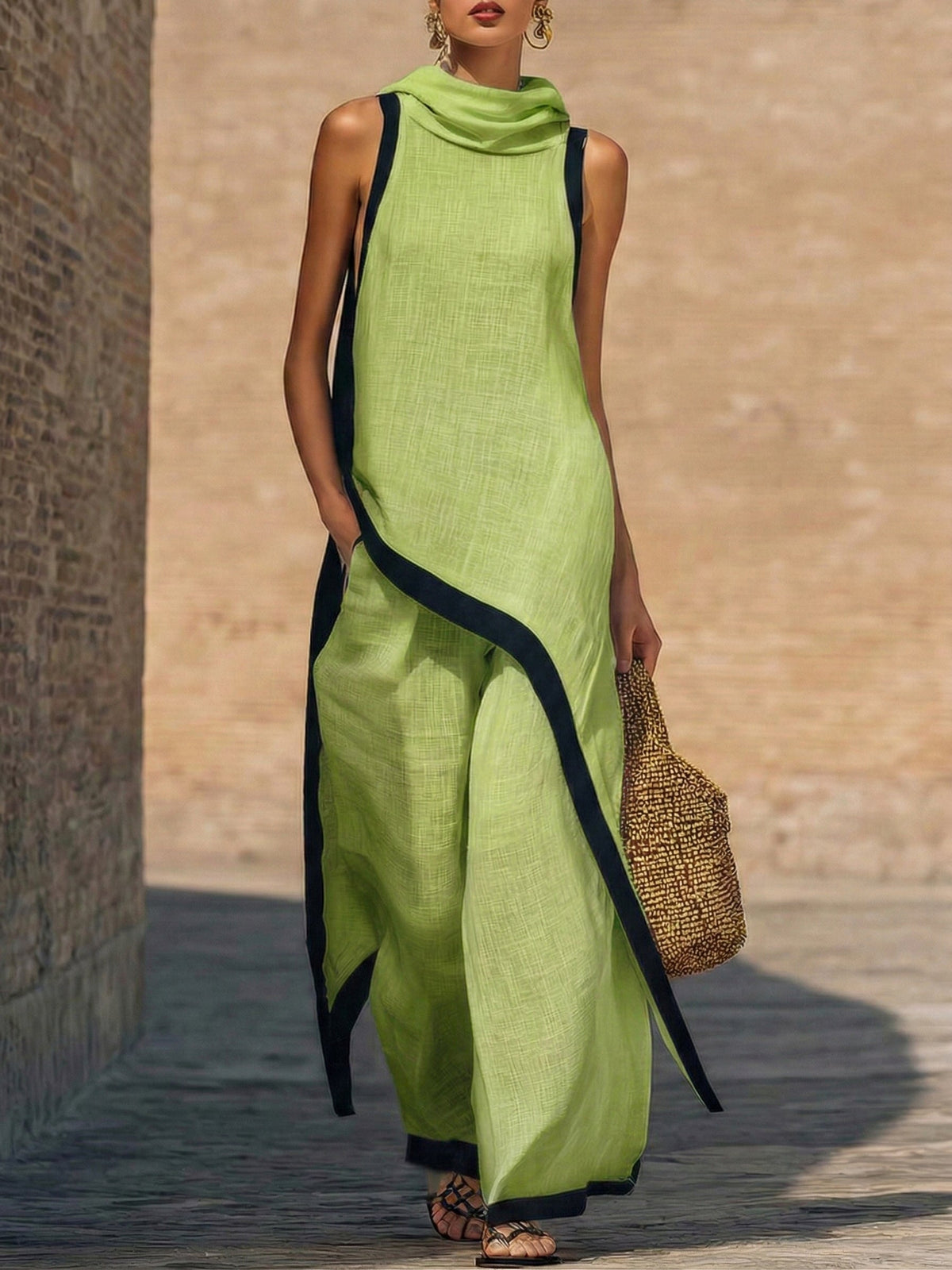 Women's Cotton-Linen Cowl Neck Top & Wide-Leg Pants Set | Stella