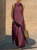 Women's Cotton-Linen Cowl Neck Top & Wide-Leg Pants Set | Stella