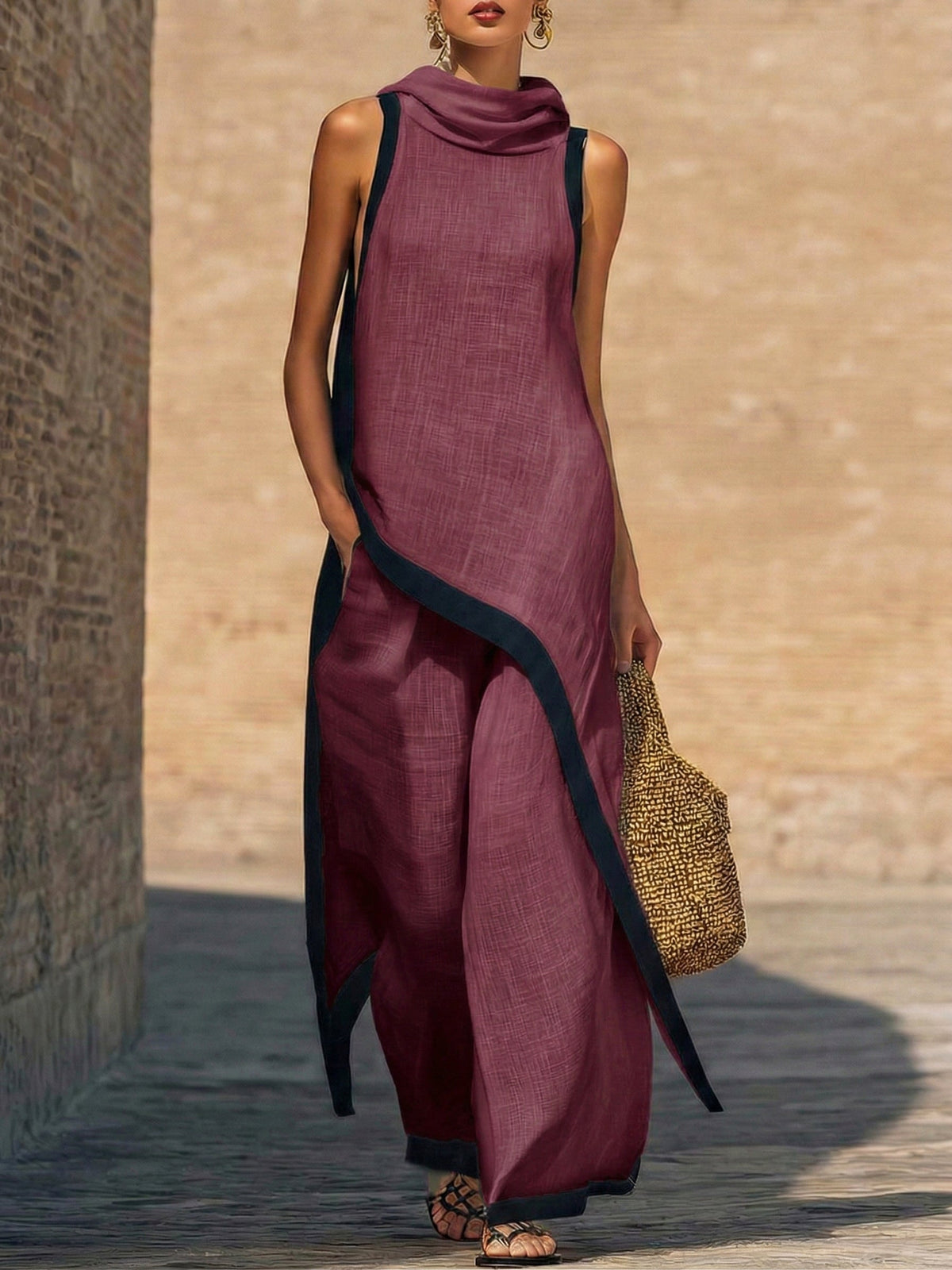Women's Cotton-Linen Cowl Neck Top & Wide-Leg Pants Set | Stella