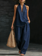 Women's Denim Two-Piece Set with Sleeveless Top & Wide-Leg Pants | Sarah