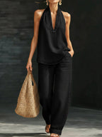 Women's Denim Two-Piece Set with Sleeveless Top & Wide-Leg Pants | Sarah
