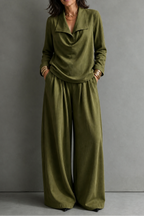 Women's Draped Neck Two Piece Set with Wide Leg Trousers | Nadia