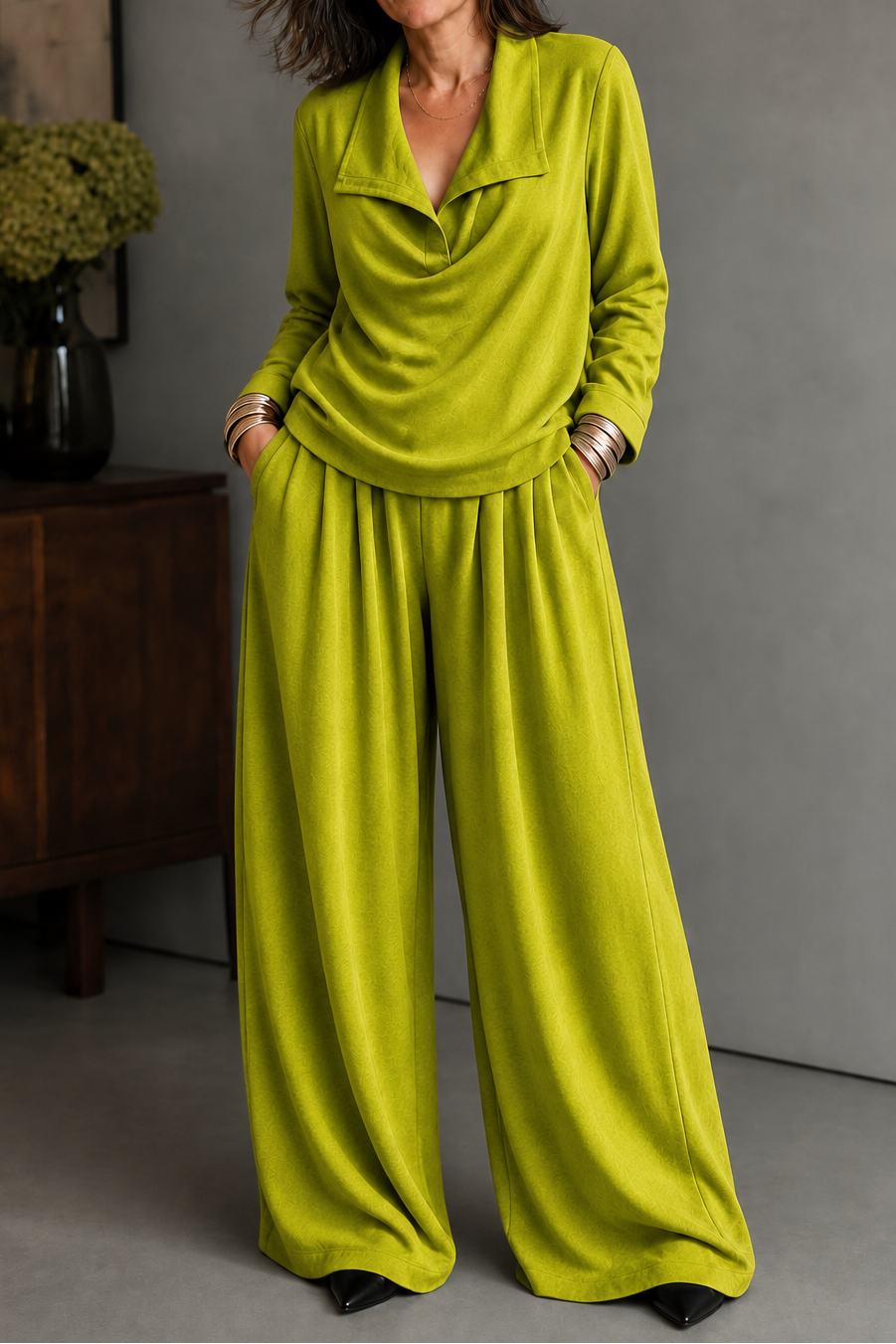 Women's Draped Neck Two Piece Set with Wide Leg Trousers | Nadia
