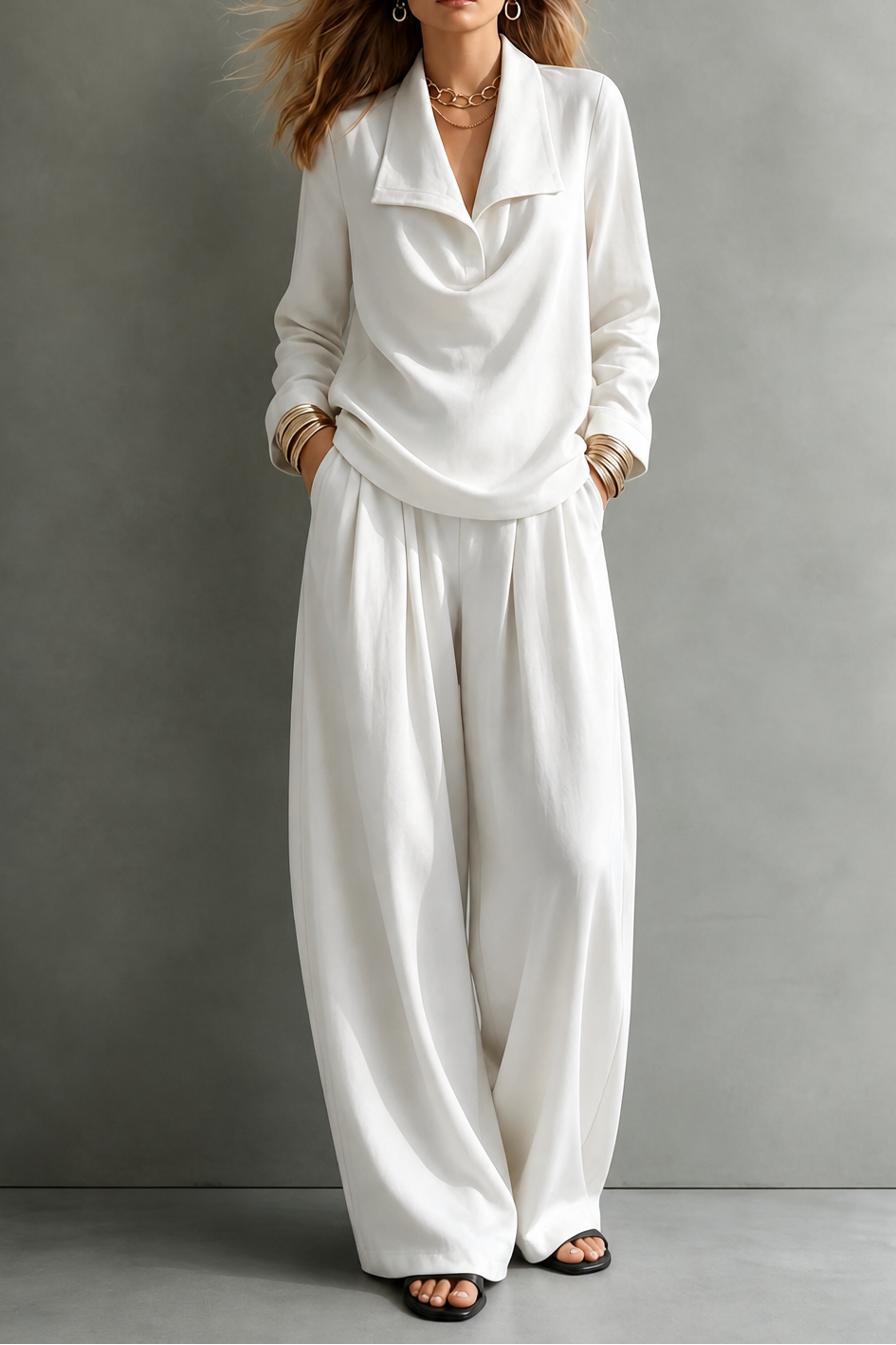 Women's Draped Neck Two Piece Set with Wide Leg Trousers | Nadia
