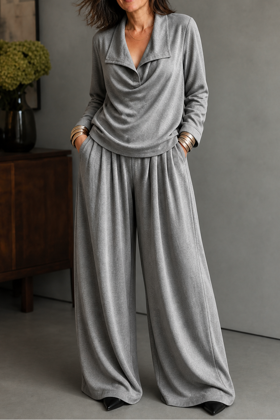 Women's Draped Neck Two Piece Set with Wide Leg Trousers | Nadia