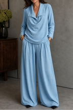 Women's Draped Neck Two Piece Set with Wide Leg Trousers | Nadia
