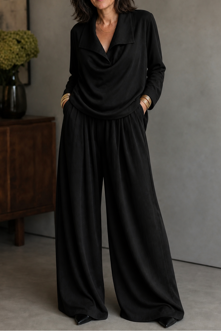 Women's Draped Neck Two Piece Set with Wide Leg Trousers | Nadia