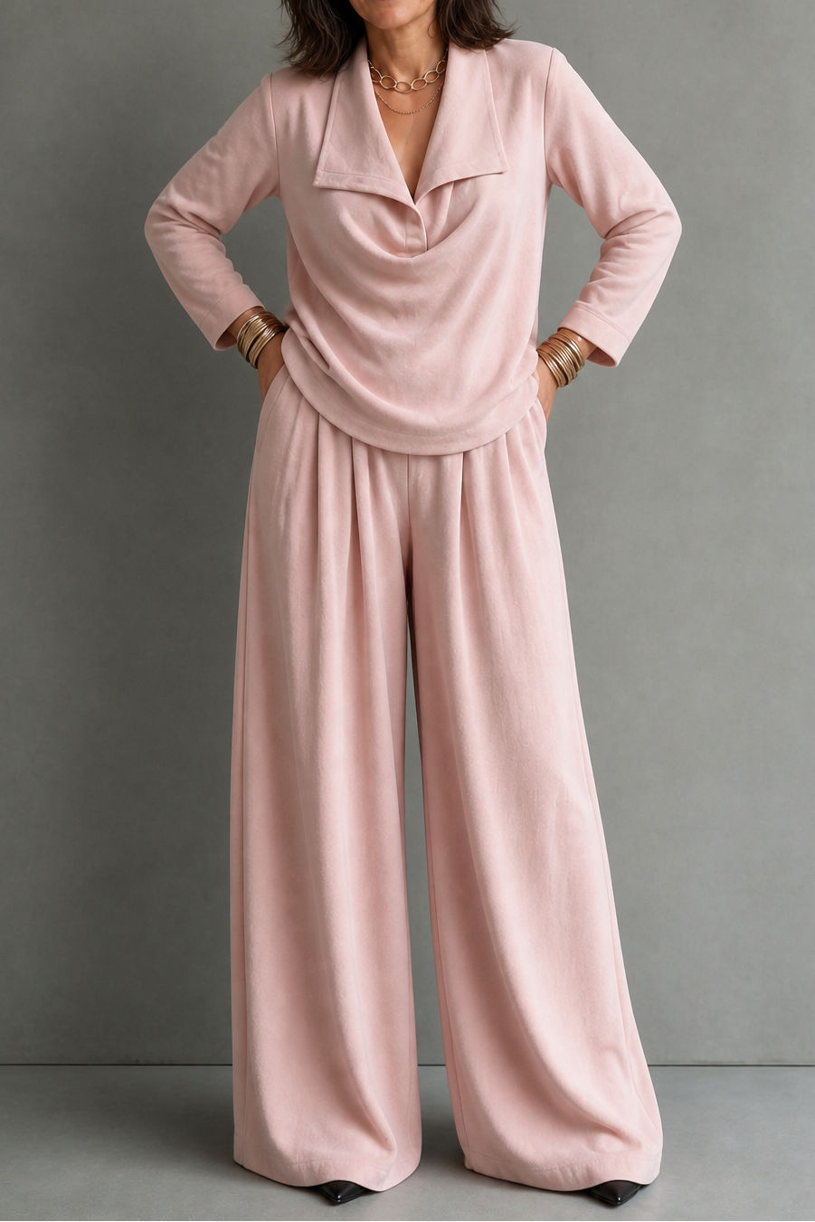 Women's Draped Neck Two Piece Set with Wide Leg Trousers | Nadia