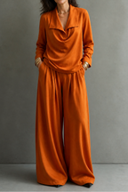 Women's Draped Neck Two Piece Set with Wide Leg Trousers | Nadia