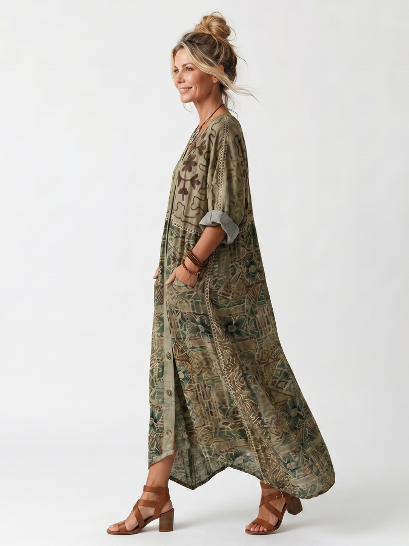 Women's Embroidered Oversized Midi Dress with Pockets | Harper