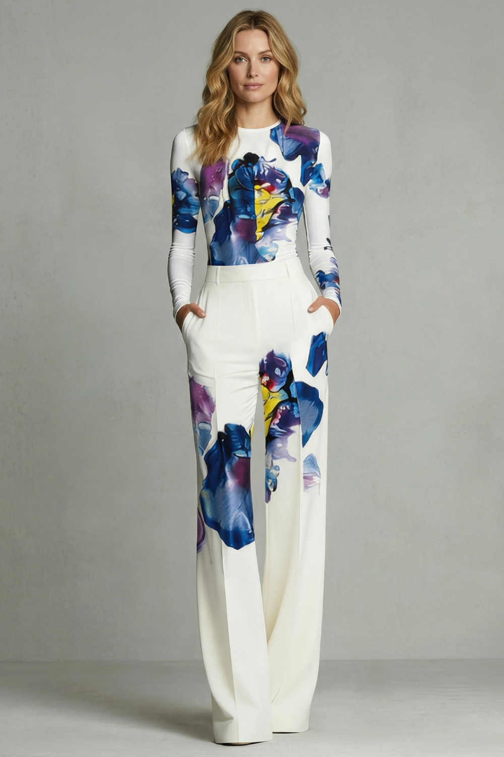 Women's Floral Colourblock Long Sleeve Top & Wide Leg Trouser Set | Wendy