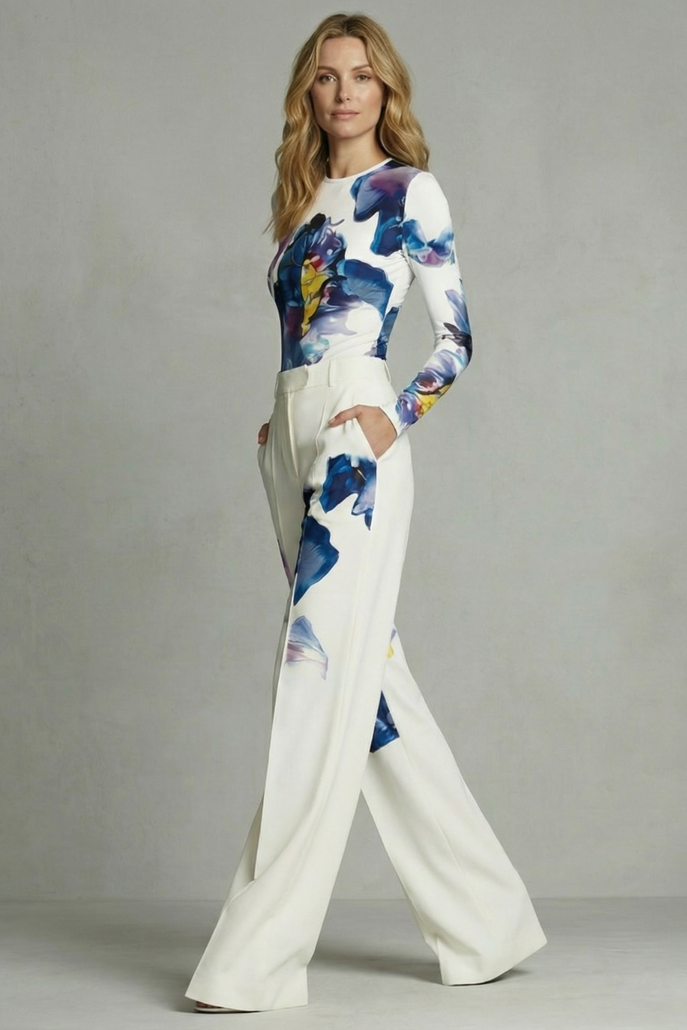 Women's Floral Colourblock Long Sleeve Top & Wide Leg Trouser Set | Wendy