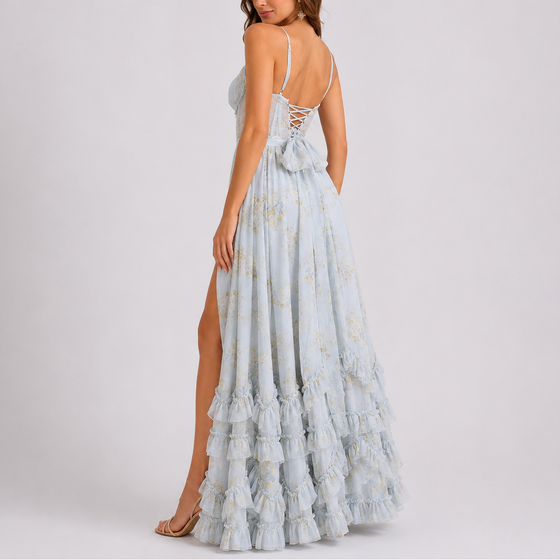Women's Floral Corset Maxi Dress with Ruffle Hem & Side Slit | Mia