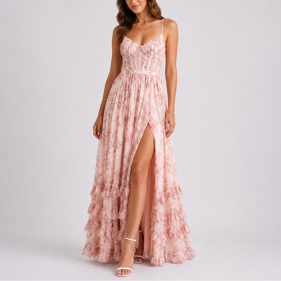 Women's Floral Corset Maxi Dress with Ruffle Hem & Side Slit | Mia