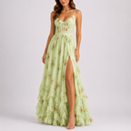 Women's Floral Corset Maxi Dress with Ruffle Hem & Side Slit | Mia