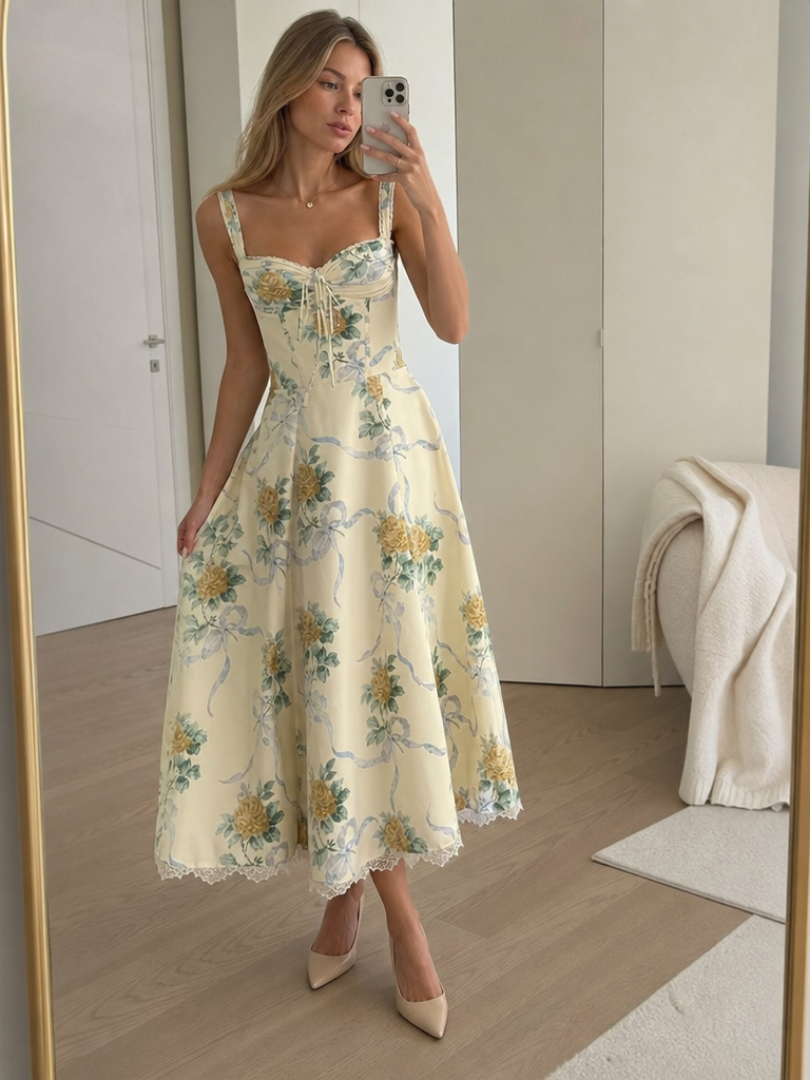 Women's Floral Cotton Corset Midi Dress with Lace Hem | Zoey