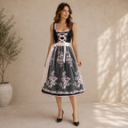 Women's Floral Embroidered Dirndl Midi Dress with Lace-Up Bodice | Tilly