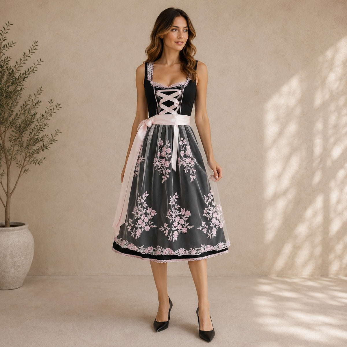 Women's Floral Embroidered Dirndl Midi Dress with Lace-Up Bodice | Tilly