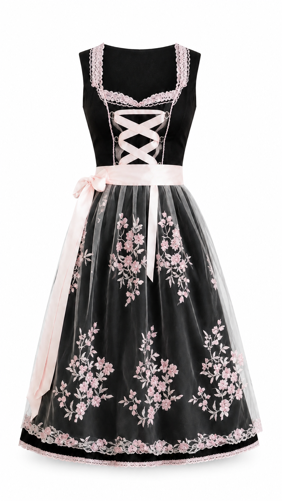 Women's Floral Embroidered Dirndl Midi Dress with Lace-Up Bodice | Tilly