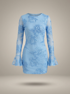 Women's Floral Embroidered Mesh Mini Dress with Flare Sleeves | Josephine