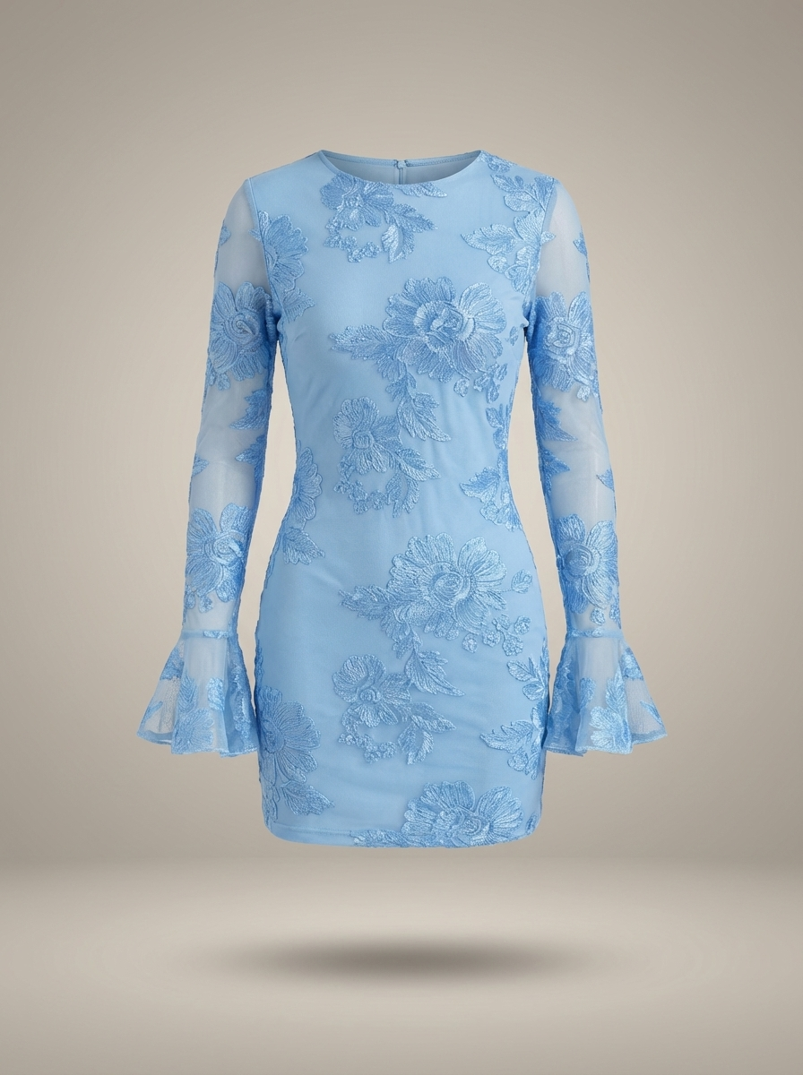 Women's Floral Embroidered Mesh Mini Dress with Flare Sleeves | Josephine