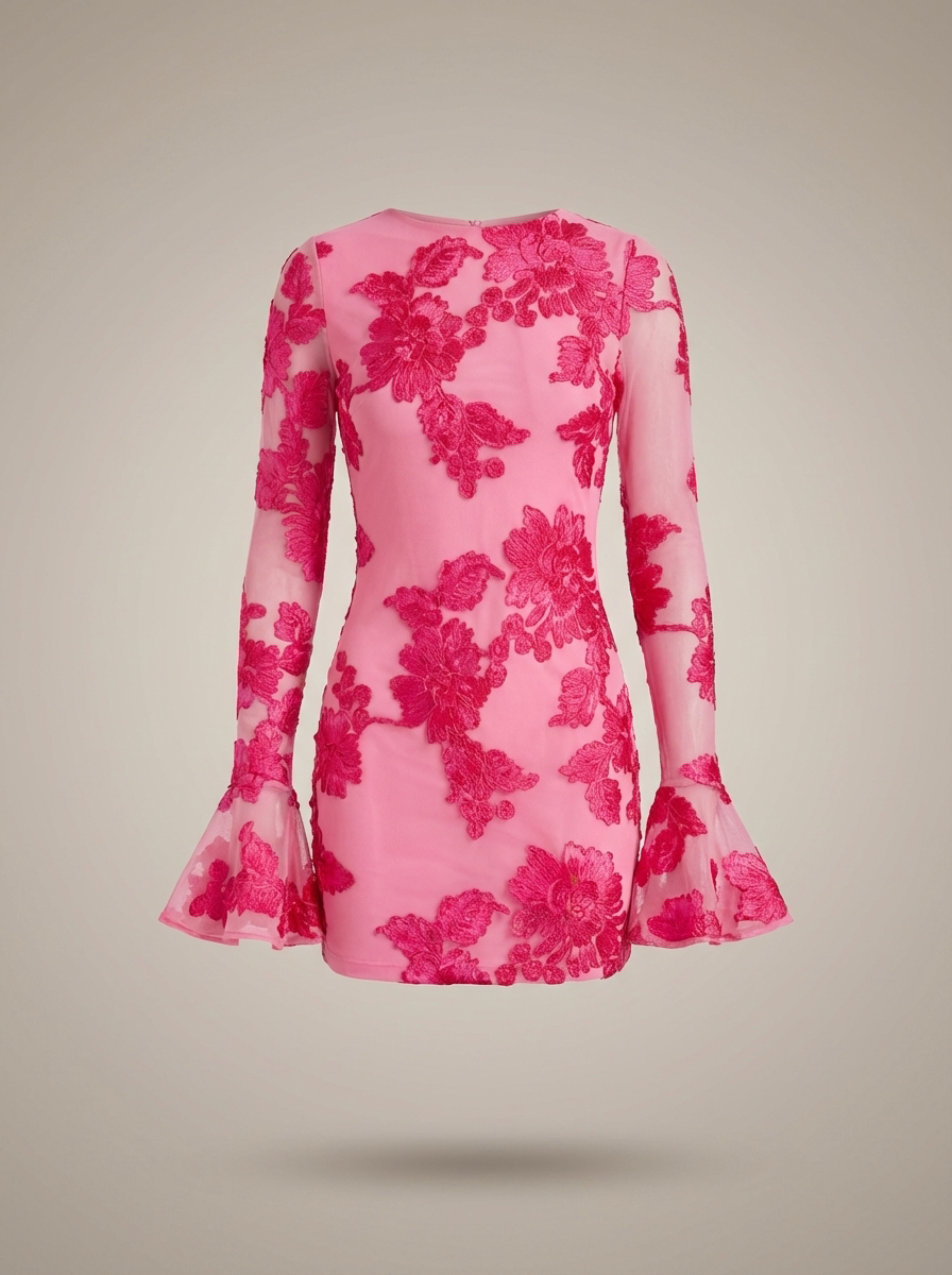 Women's Floral Embroidered Mesh Mini Dress with Flare Sleeves | Josephine