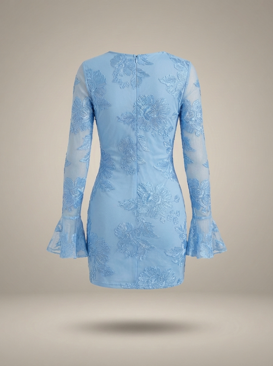 Women's Floral Embroidered Mesh Mini Dress with Flare Sleeves | Josephine