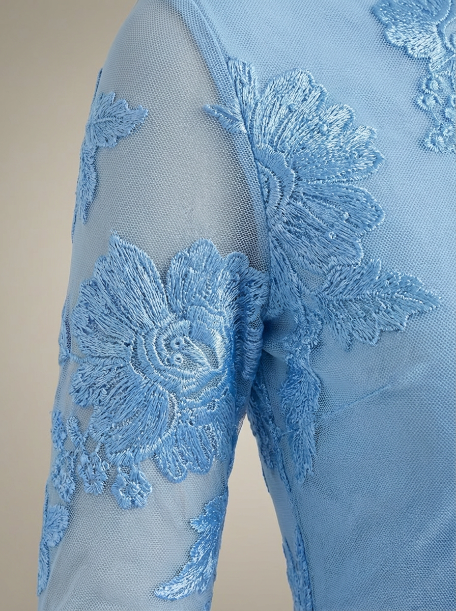 Women's Floral Embroidered Mesh Mini Dress with Flare Sleeves | Josephine