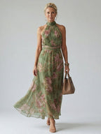 Women's Floral Halter Maxi Dress with Gathered Waist | Odette