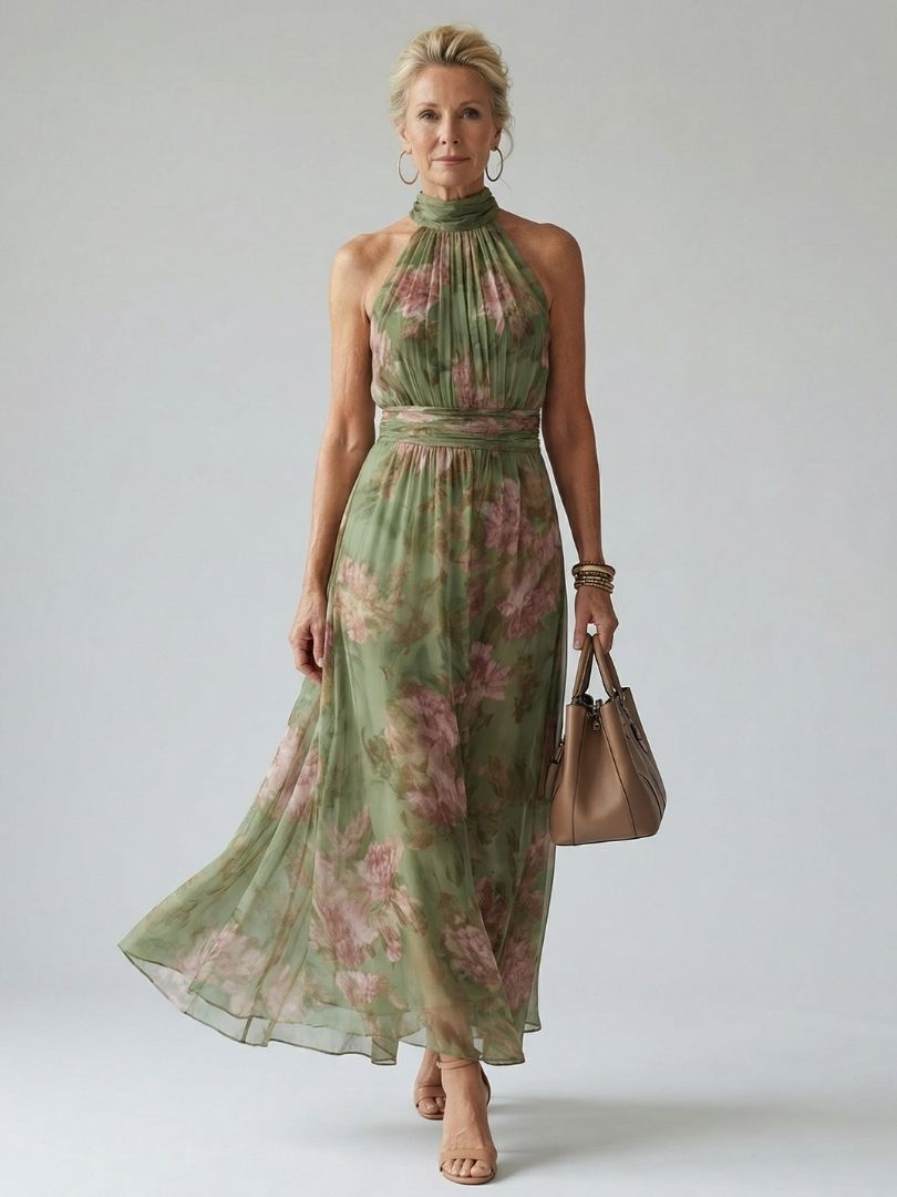 Women's Floral Halter Maxi Dress with Gathered Waist | Odette