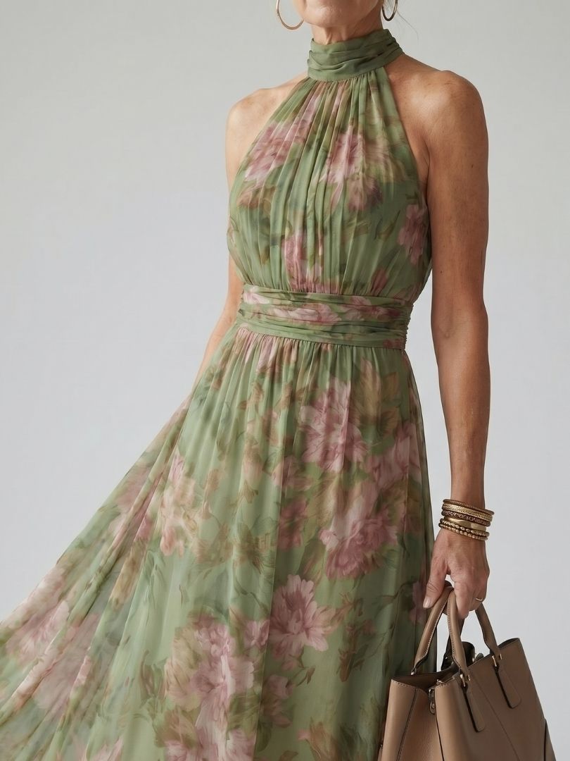 Women's Floral Halter Maxi Dress with Gathered Waist | Odette