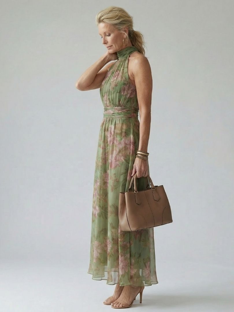 Women's Floral Halter Maxi Dress with Gathered Waist | Odette