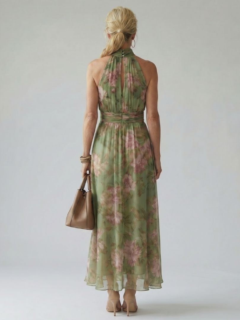 Women's Floral Halter Maxi Dress with Gathered Waist | Odette