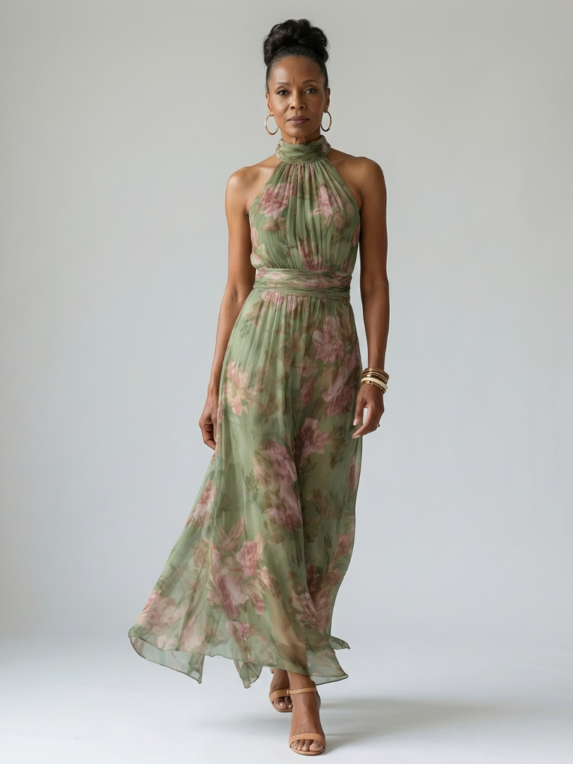 Women's Floral Halter Maxi Dress with Gathered Waist | Odette