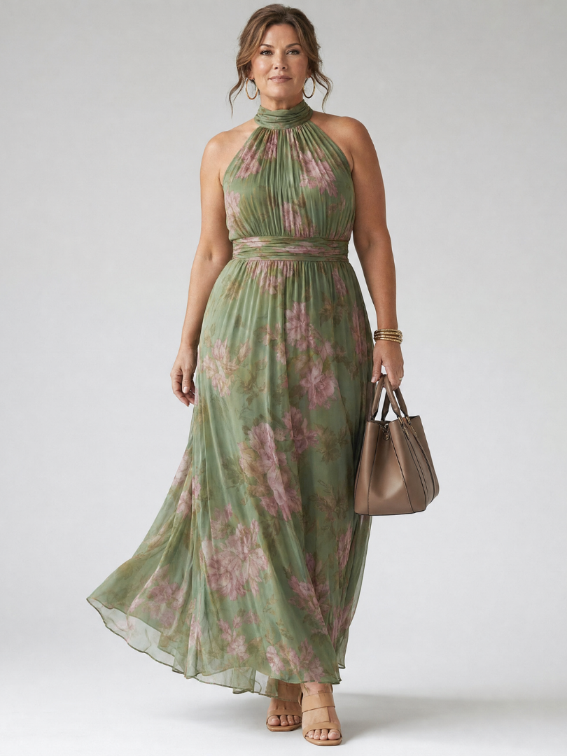 Women's Floral Halter Maxi Dress with Gathered Waist | Odette