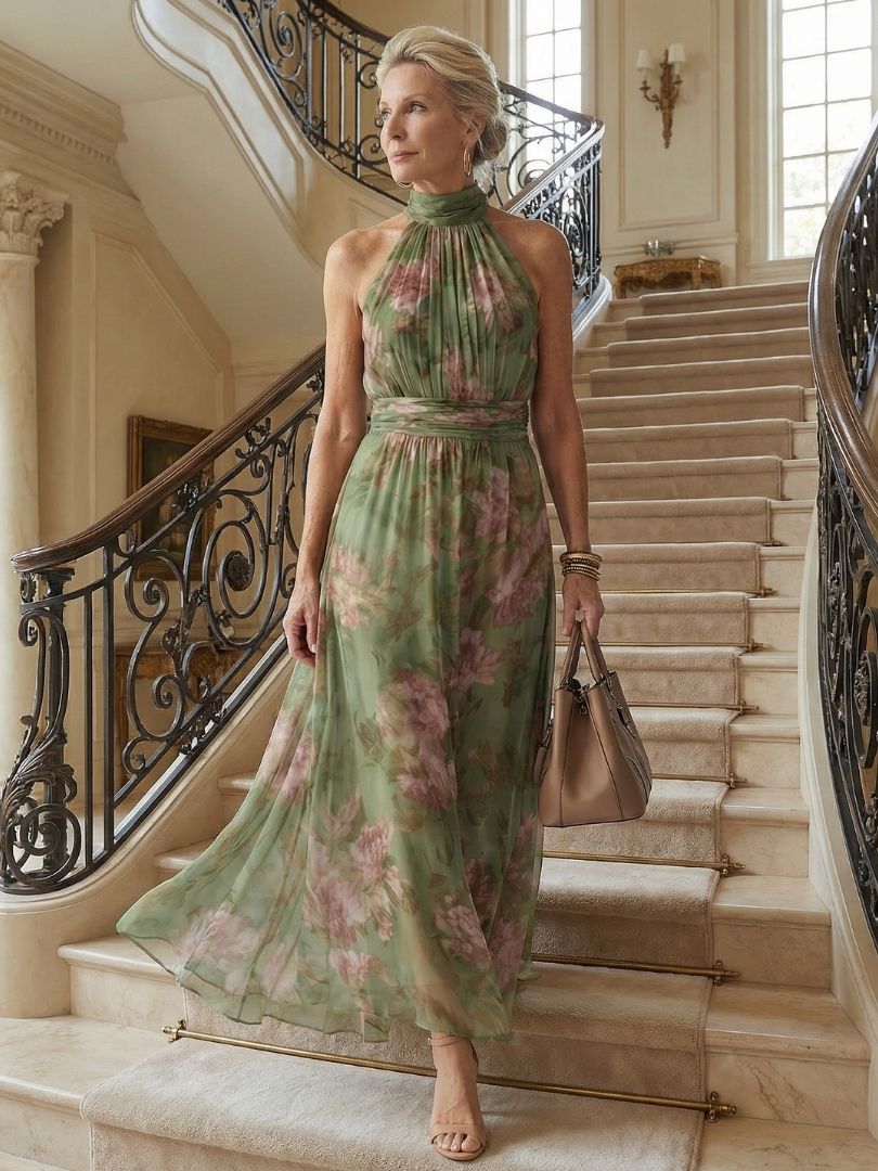 Women's Floral Halter Maxi Dress with Gathered Waist | Odette