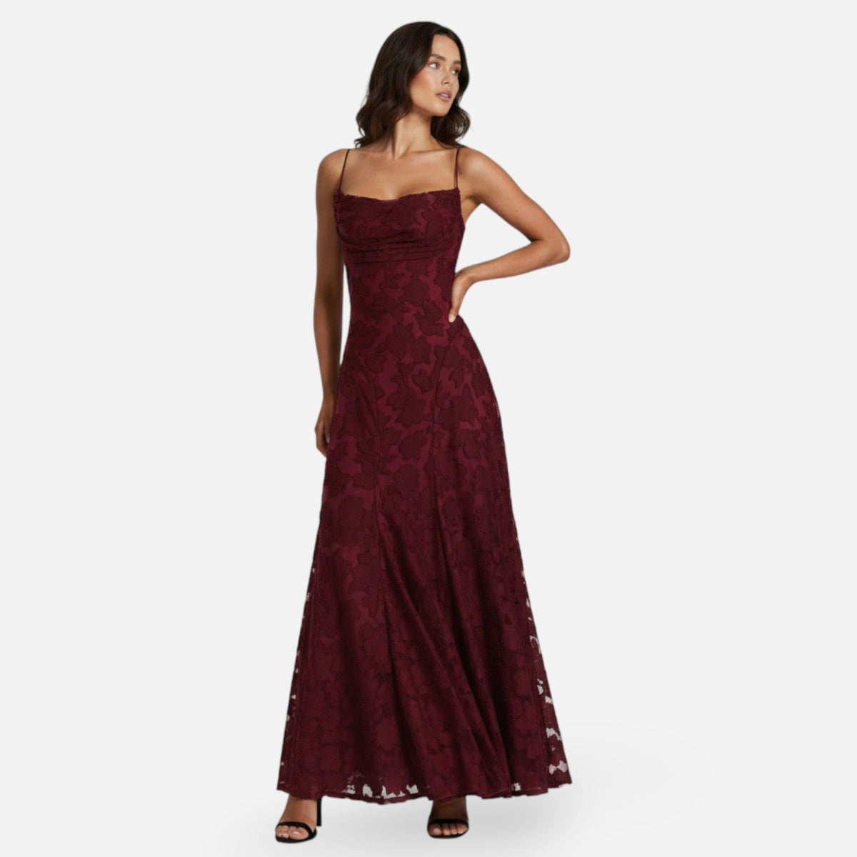 Women's Floral Lace A-Line Maxi Dress with Cowl Neck | Poppy