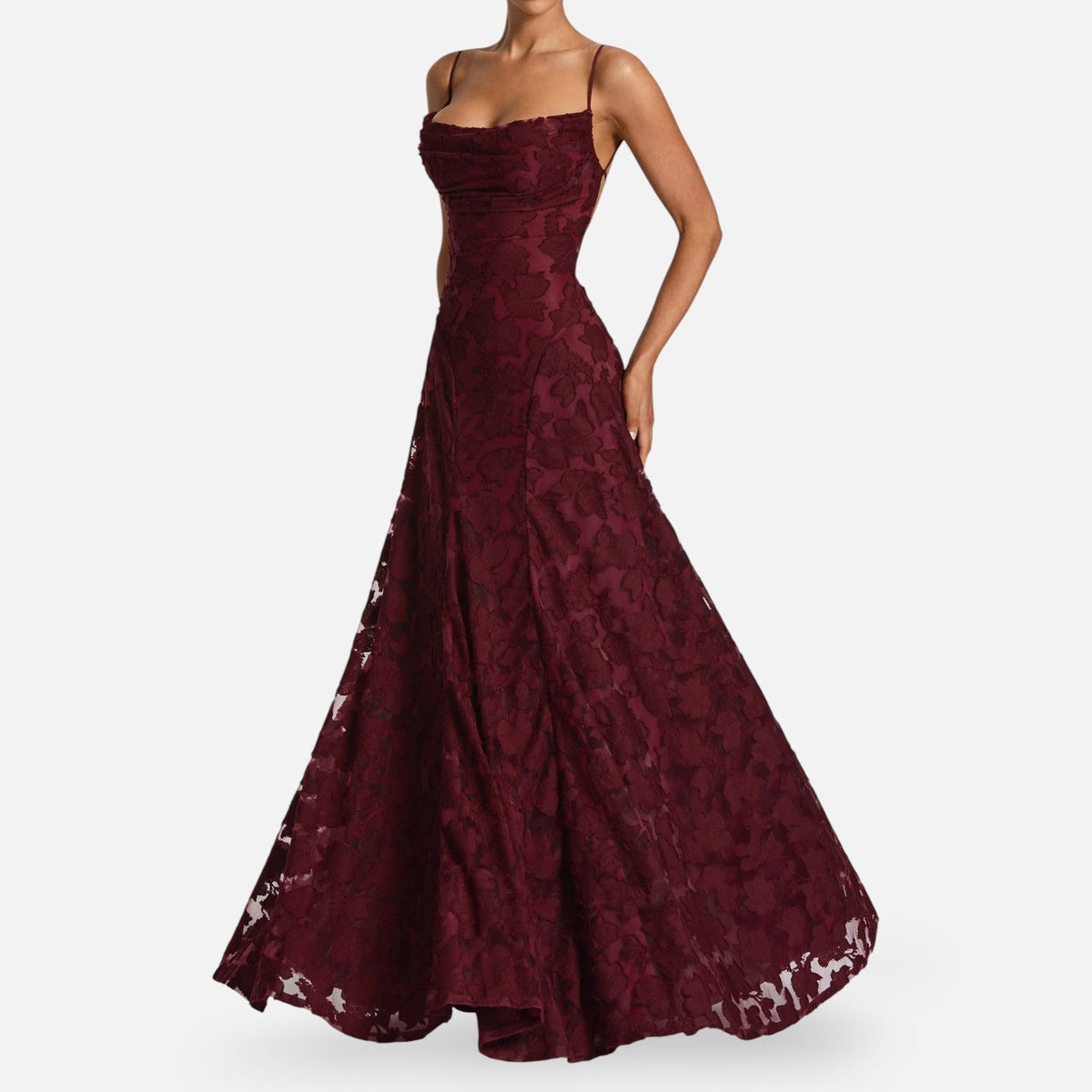 Women's Floral Lace A-Line Maxi Dress with Cowl Neck | Poppy