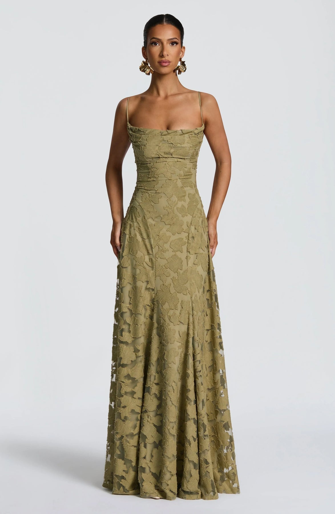 Women's Floral Lace A-Line Maxi Dress with Cowl Neck | Poppy