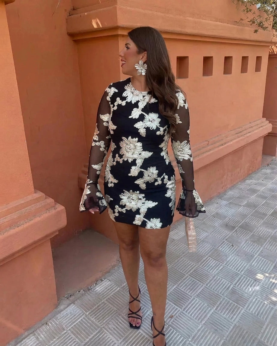 Women's Floral Lace Bodycon Mini Dress with Bell Sleeves | Ursula