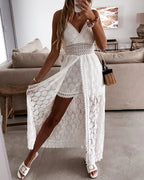 Women's Floral Lace Maxi Dress with Crochet Waist & Side Split | Aubrey
