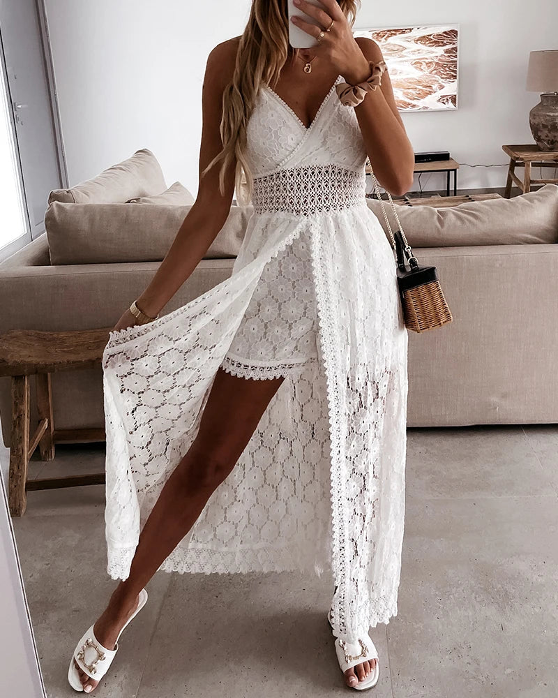 Women's Floral Lace Maxi Dress with Crochet Waist & Side Split | Aubrey