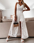 Women's Floral Lace Maxi Dress with Crochet Waist & Side Split | Aubrey