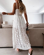 Women's Floral Lace Maxi Dress with Crochet Waist & Side Split | Aubrey
