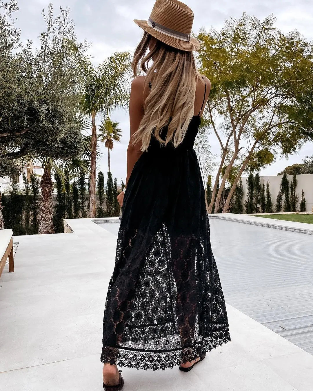 Women's Floral Lace Maxi Dress with Crochet Waist & Side Split | Aubrey