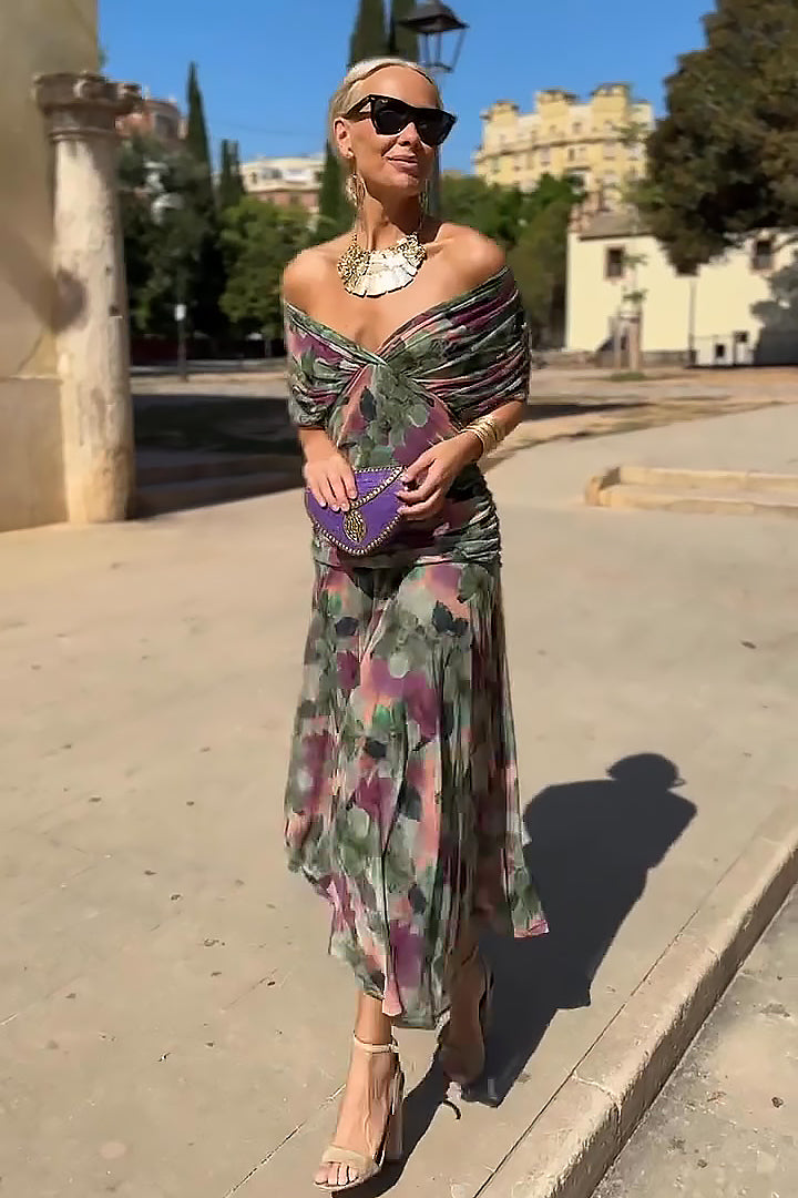 Women's Floral Maxi Dress Off-Shoulder A-Line Evening Style | Nadia