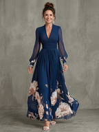 Women's Floral Maxi Dress with Sheer Long Sleeves | Charlotte