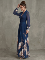 Women's Floral Maxi Dress with Sheer Long Sleeves | Charlotte