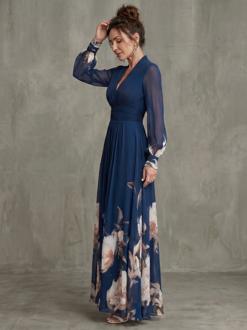 Women's Floral Maxi Dress with Sheer Long Sleeves | Charlotte