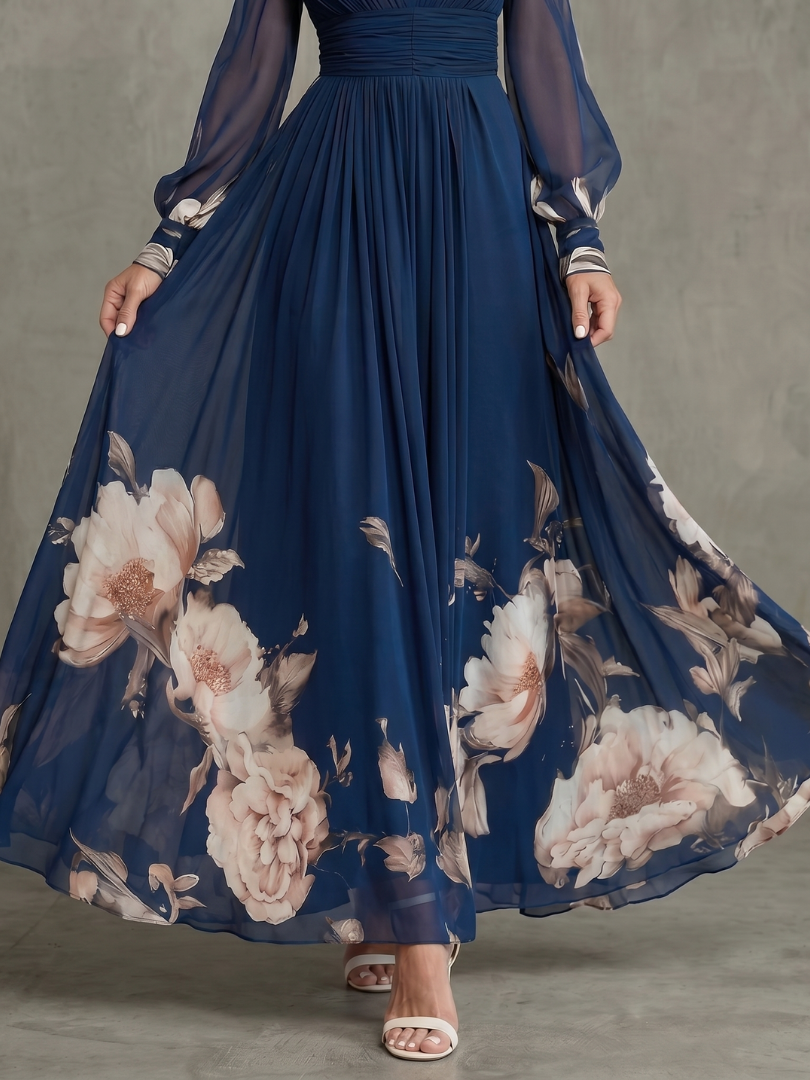 Women's Floral Maxi Dress with Sheer Long Sleeves | Charlotte